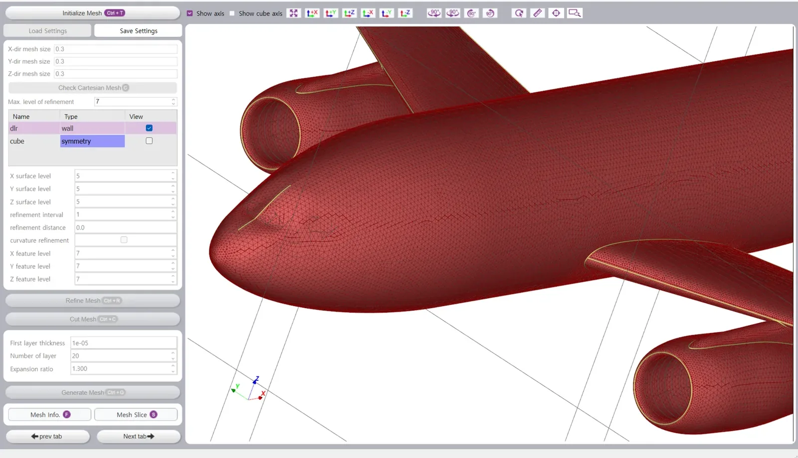 CRID desktop application showing a refined surface mesh on a wing-body geometry