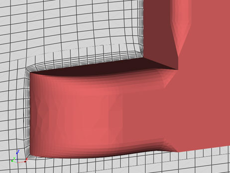 Close-up of trimmed hexahedral cells hugging a curved wall